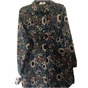 Women’s Natural Life Navy Blue Floral Shirt Dress Button Up Corduroy Size L